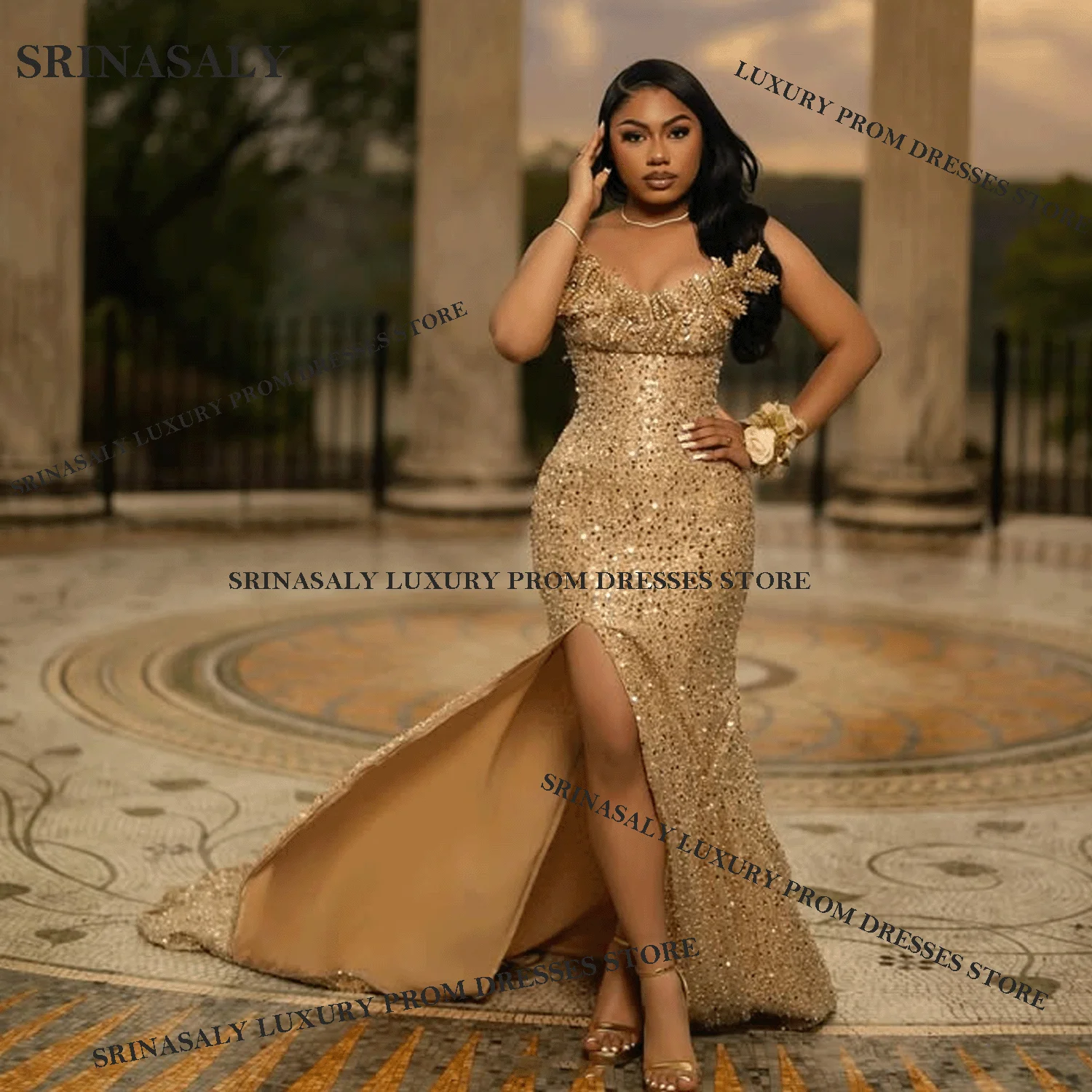 فساتين حفلة موسيقية فاخرة طويلة حورية البحر رائعة مخصصة للديكور كريستال الماس الديكور 2025 ثوب مسائي مفتوح الظهر رداء