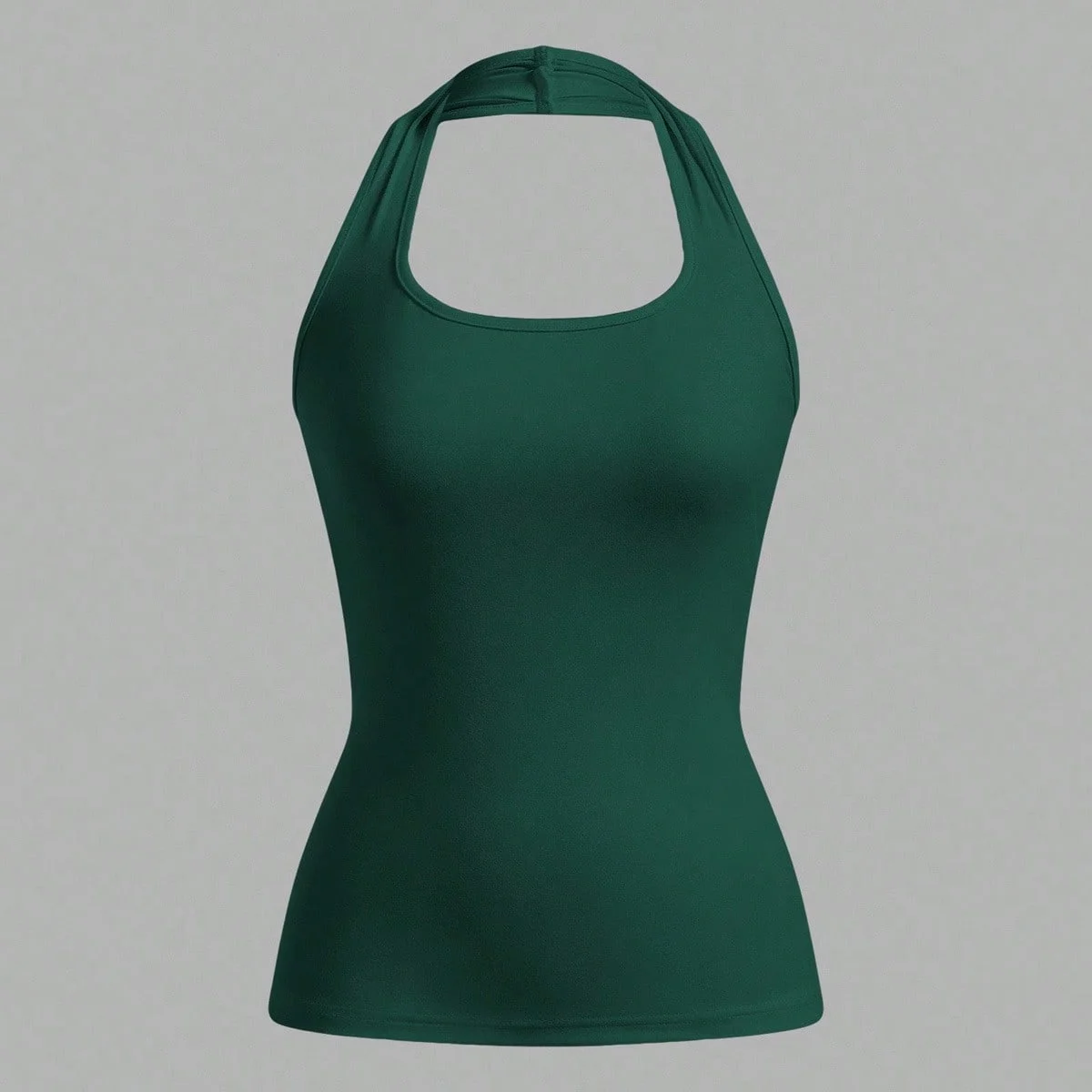 Top tipo chaleco cómodo y casual con cuello cuadrado, sin mangas, cuello halter, color verde liso, espalda descubierta y cintura fruncida, modelo 2026