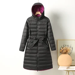 Frau Winter Frauen Kapuze lange Jacke weiße Ente Daunen leichte Herbst Wind jacke Parkas nahtlos