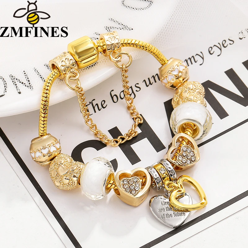 18 Style Golden Brand Charms Bracelet For Women DIY Heart-Shaped Crystal Charms Beads Angel Pendant Fashion Jewelry Dropshipping