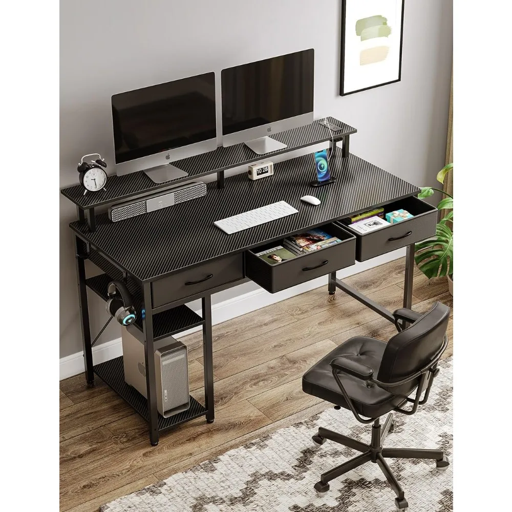 Computer Desk with Power Outlets & LED Light, 39 inch Home Office Desk with 3 Drawers and Storage Shelves, Writing Desk