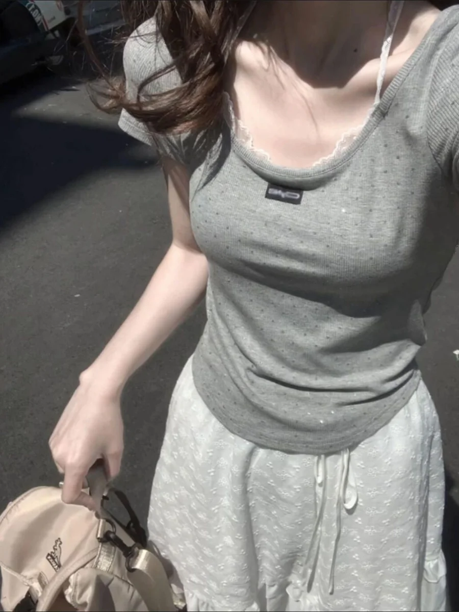 ay U-Ne Lace ort Sve T-irt Donna Estate Slim Fit ort Lunghezza Appeso Ne Base irt Coreano Sle Pendolarismo Vento