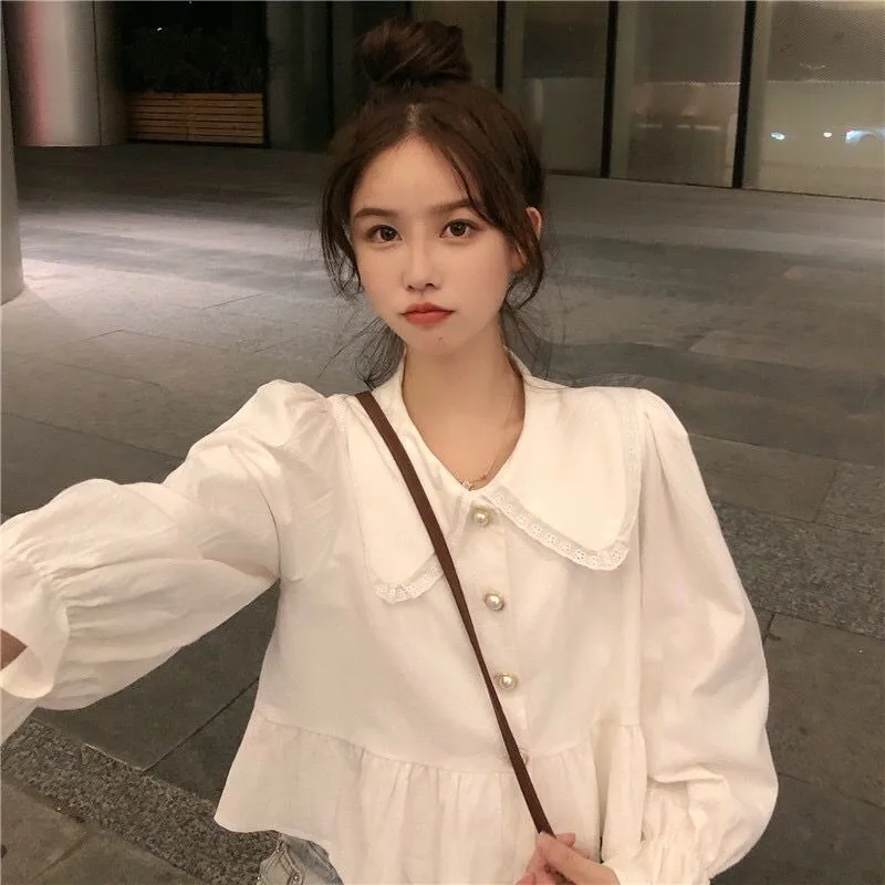 Korean Style Women Shirt Long Sleeve White Top Female Autumn Peter Pan Collar Fashion Woman Blouse 2024 Lace Ruffles Clothes New