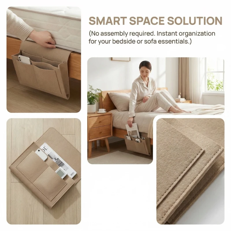 Felt Bedside Storage Bag Baby Bed Hanging Organizer Sofa TV Holder Pockets Foldable Storage for Books, Remote Control, Phones view 5