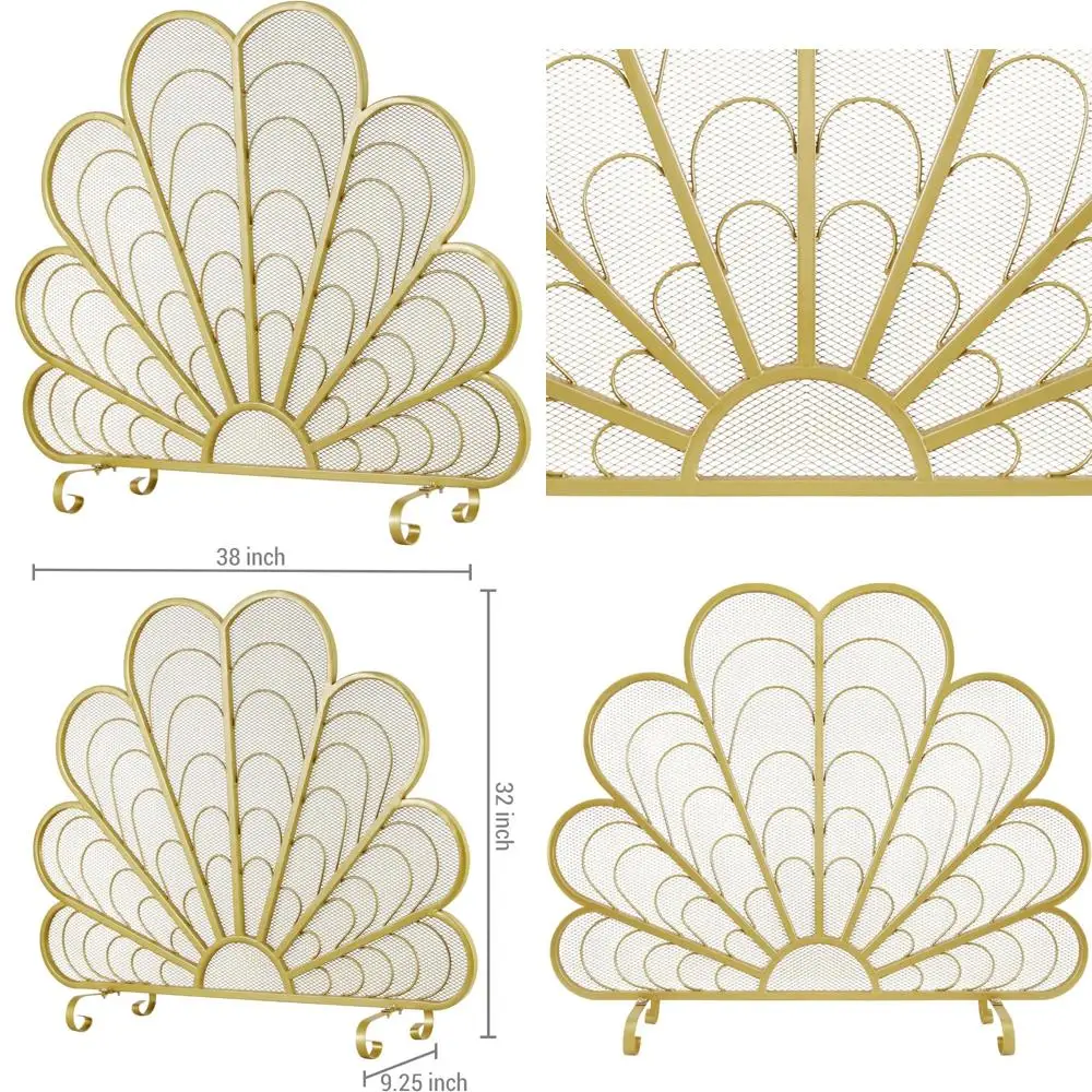 

Peacock Feather Design Brass-Tone Metal Fireplace Screen, 38x32 Inches, Freestanding Decorative Mesh Fire Guard with Curved Legs