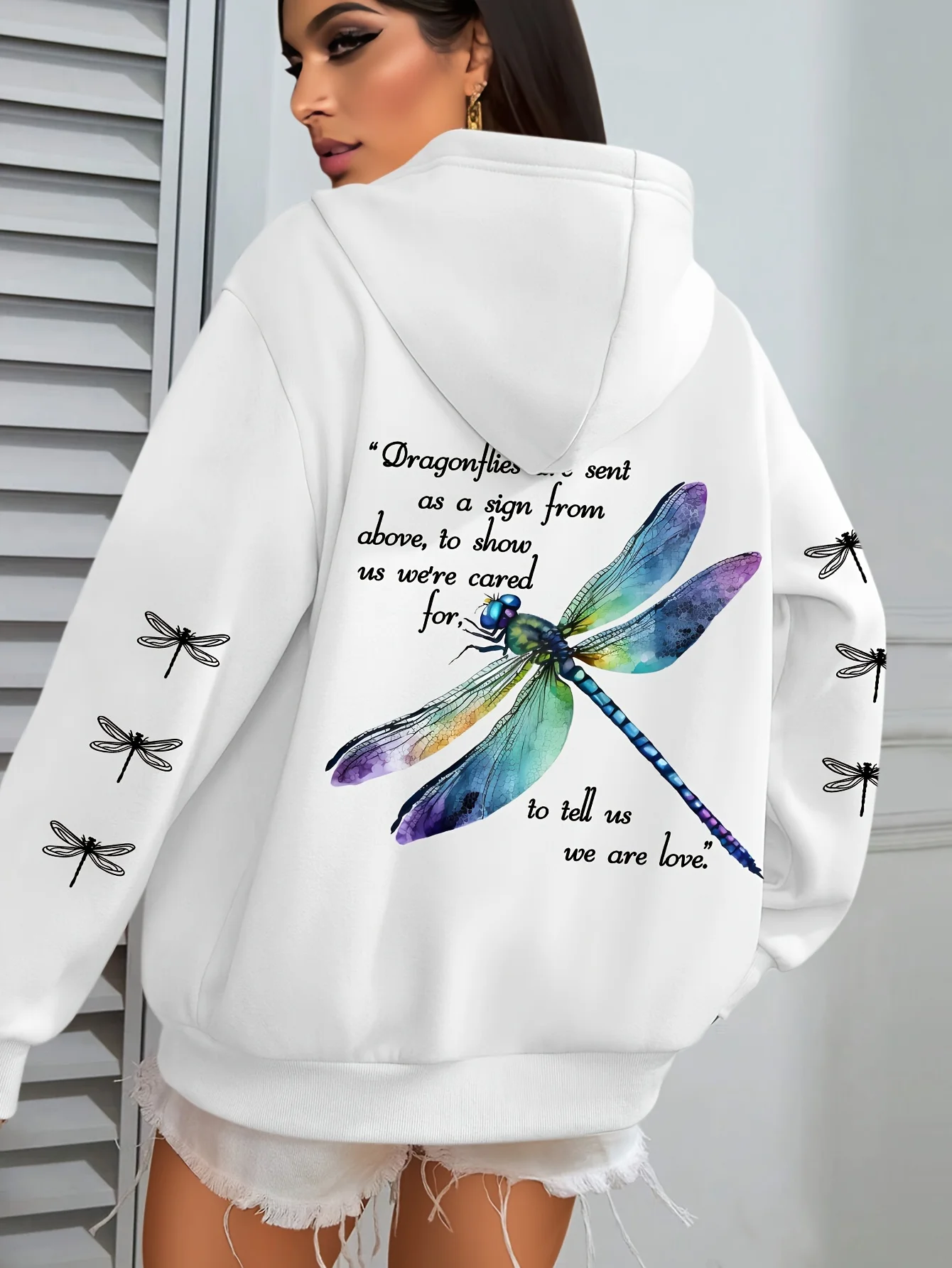 [Taglia Plus] Felpa con cappuccio con stampa libellula - Felpa verde a maniche lunghe taglie forti con tasca e citazione ispiratrice - Casual da donna