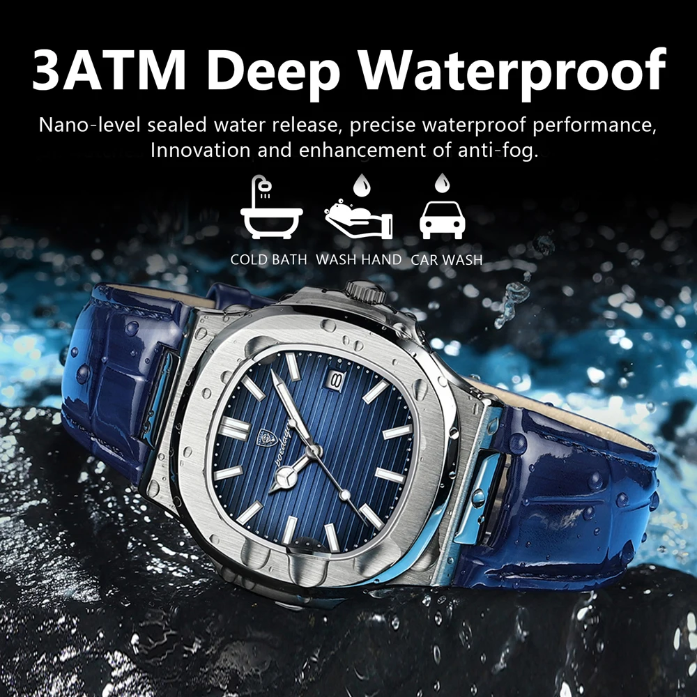 POEDAGAR Mens Watches Top Brand Luxury High Quality Leather Waterproof Luminous Date  Fashion Blue Square Quartz Watch for Men