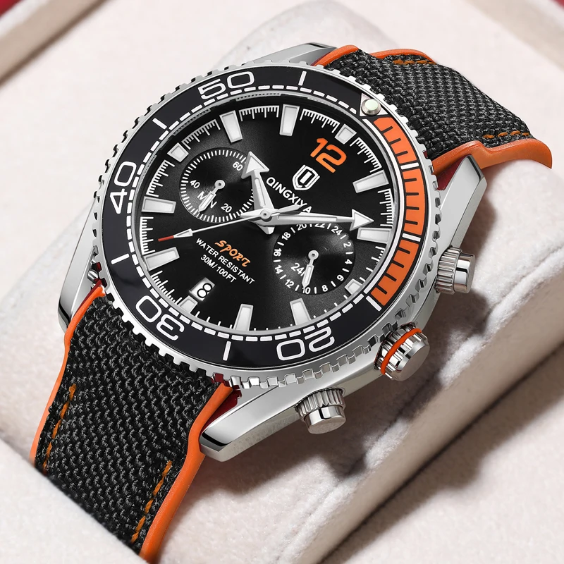 QINGXIYA Brand Sports Silicone Strap Chronograph Quartz Watch for Men Waterproof Calendar Fashion 24 Hours Luxury Mens Watches