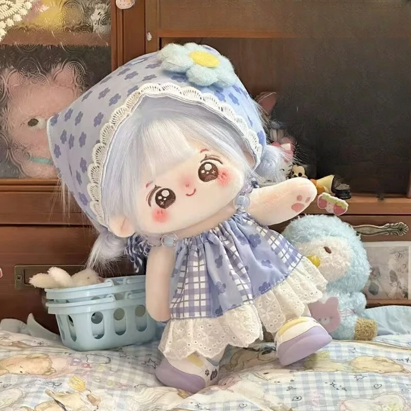 Lindo vestido de bebé estilo campestre de 20 cm, vestido de muñeca de algodón sin atributos, conjunto de muñeca con pañuelo en la cabeza