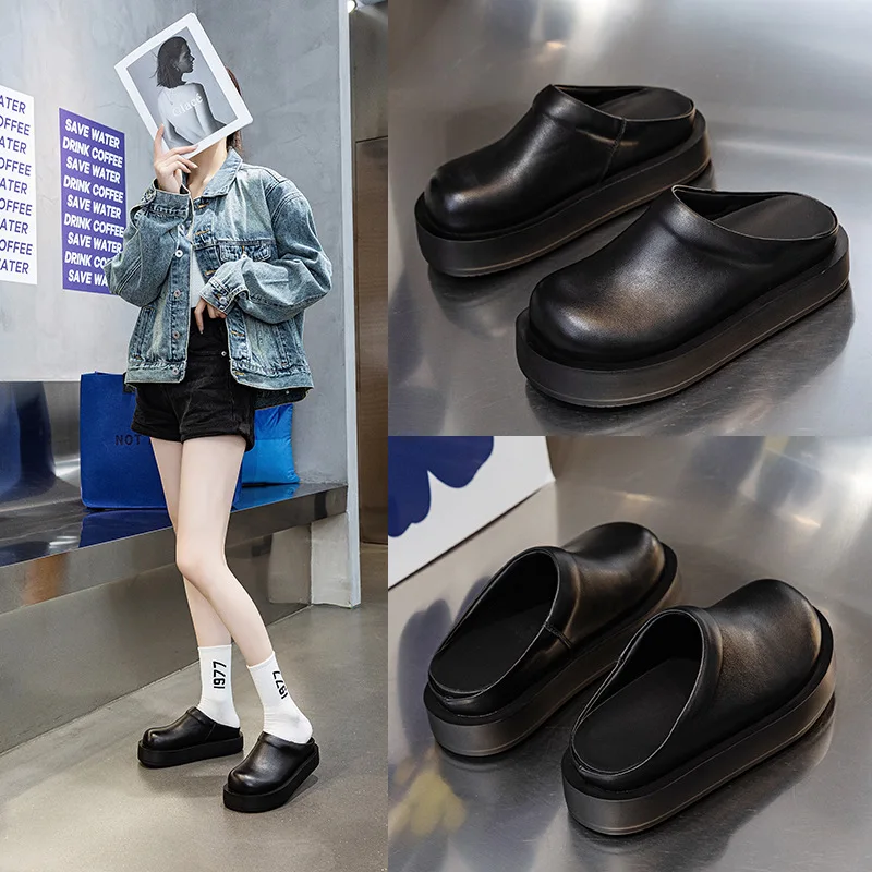 European Station Baotou Half Slippers Women\'s 2023 Summer New Soft Leather Sandal Thick Sole Big Head Ugly Cute Lazy Shoes