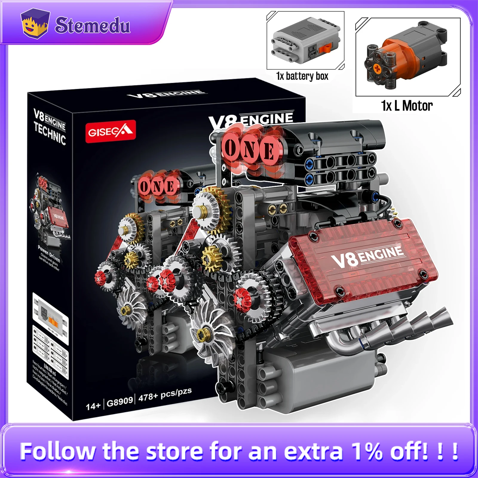 

G8909 478 шт. V8 Технические строительные блоки с двигателем L Модель автомобиля Сборка Кирпичи Развивающие игрушки «сделай сам» Коробка для батарейного отсека