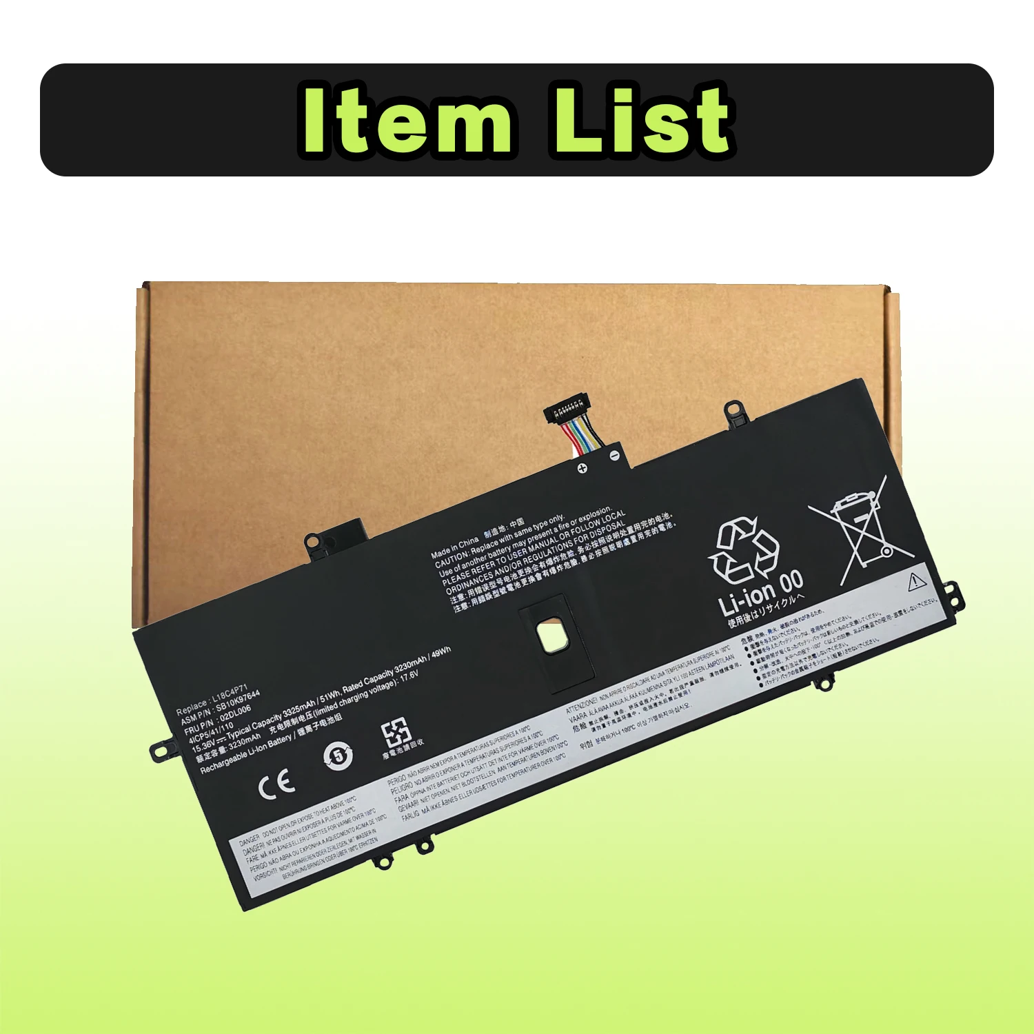 SAT L18C4P71 New Laptop Batteries Replacement For LENOVO ThinkPad X1 Carbon 7th2019/20 L18C4P71 TP00109A/B 15.36V-51Wh-3325mAh