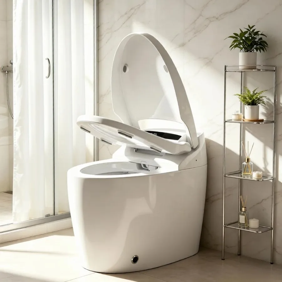 

Smart toilet for modern bathrooms, ceramic white, bidet with warm water and warm air dryer, auto open/close lid and self-cleani