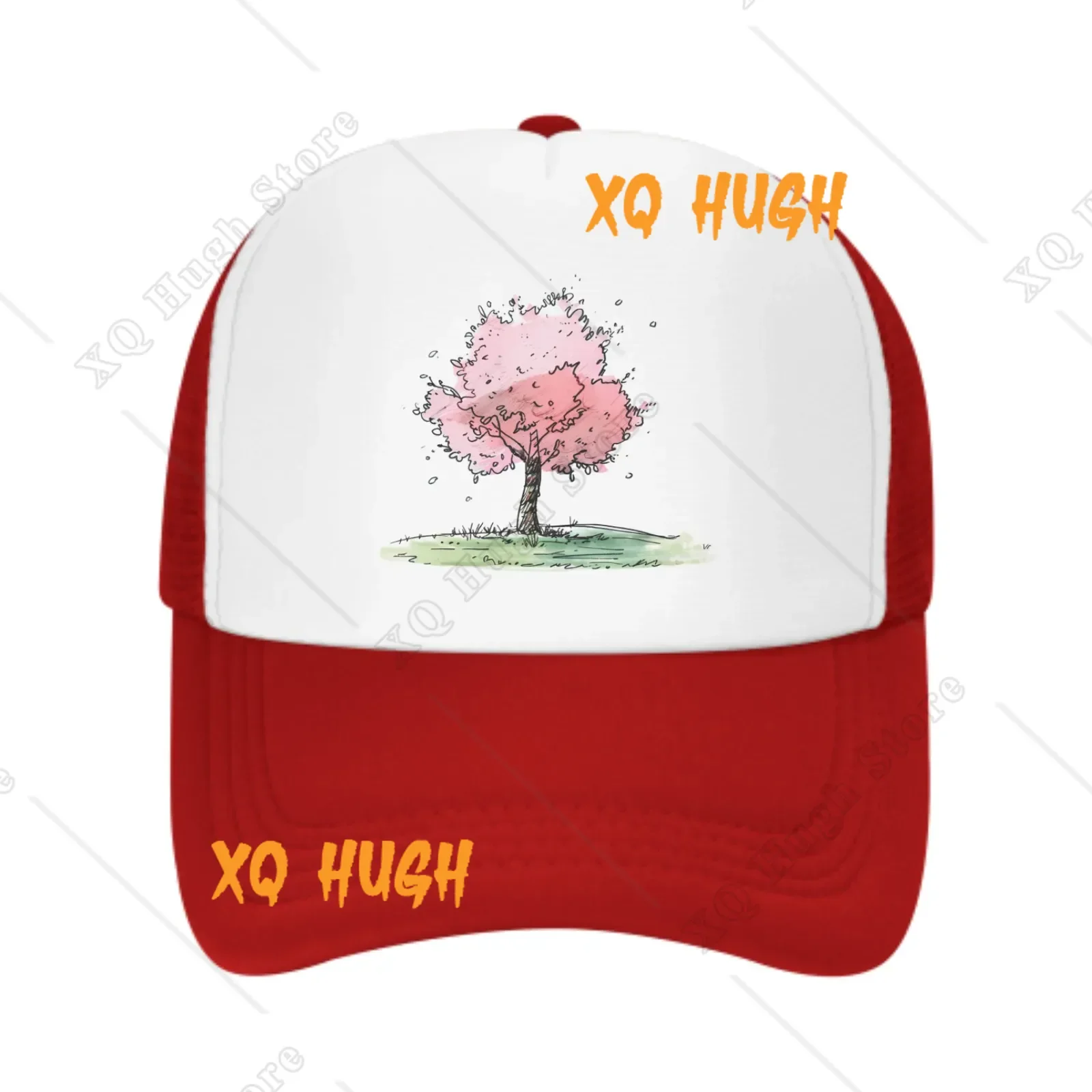 Cartoon Tree Pink Cherry Tree In Grassy Field Blue Sky Daily Sun Hat Fishing Outdoor Men's and Women's Truck Caps Fashion