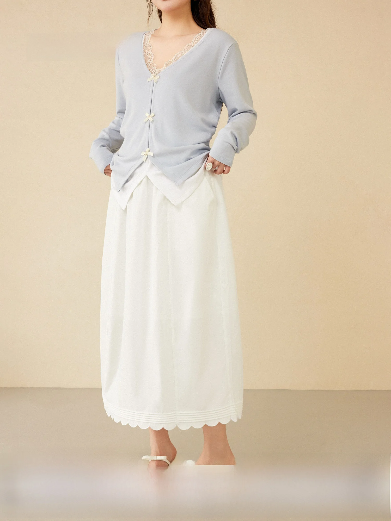 

Plusmall Loose Elastic Waist Flower Bud Hem Lace Trim Half Skirt Girl's Sensation Spring Regular Thickness Long Skirt