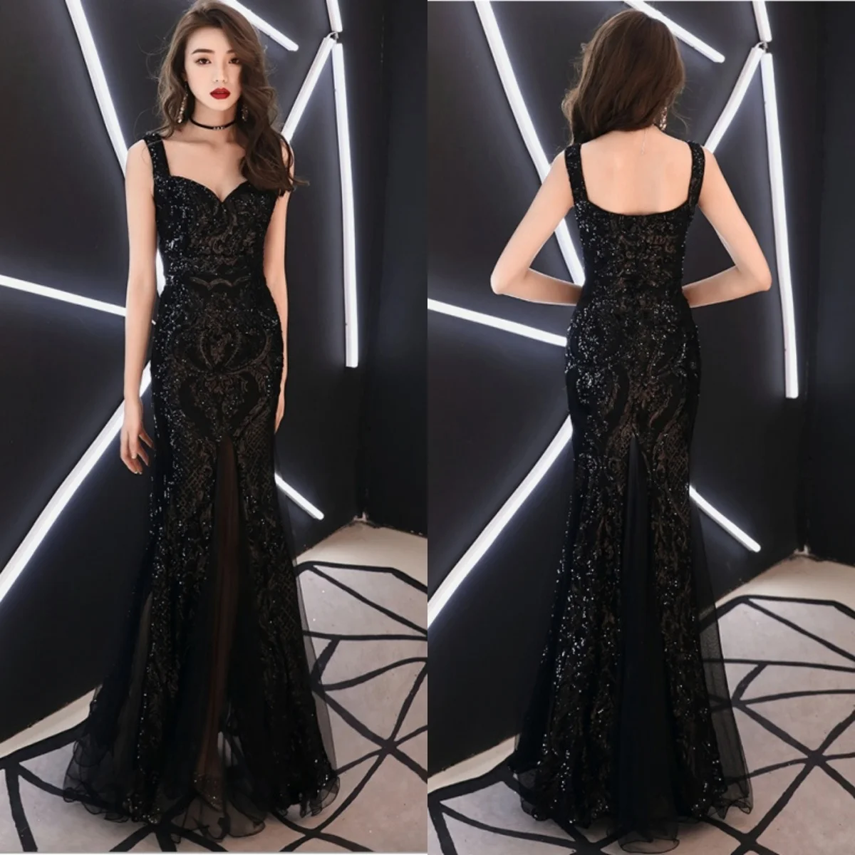 Evening Dresses Black Sequins Stretchy Sgaphetti Straps Zipper Back Mermaid Trumpet Floor Length Women Party Formal Gowns YE010