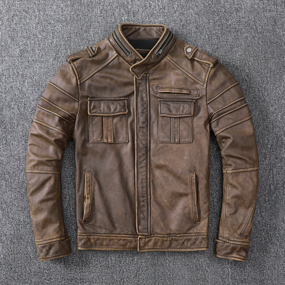 Man Vintage Leather men's Short Layer Pure Cowhide Leather Jacket Made Old Motorcycle Jacket Leather men's Coat