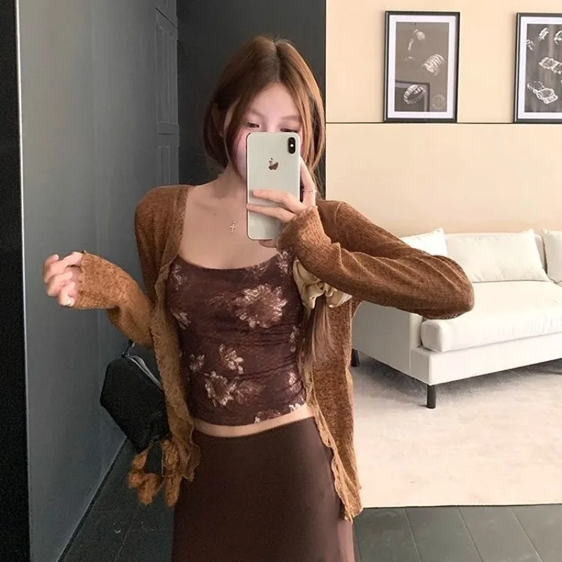 

Chocolate Girl Print Sleeveless Vest Women Summer Fashionable Temperamen Girl Sexy Long Sleeve Cardigan Pencil Skirt 3 Piece Set