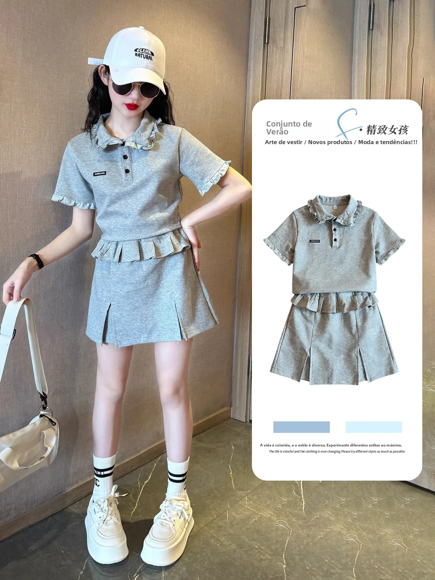 cool-girl's-two-piece-set-summer-2026-trendy-short-skirt-casual-style-middle-waist-short-sleeve-pure-color-machine-washable