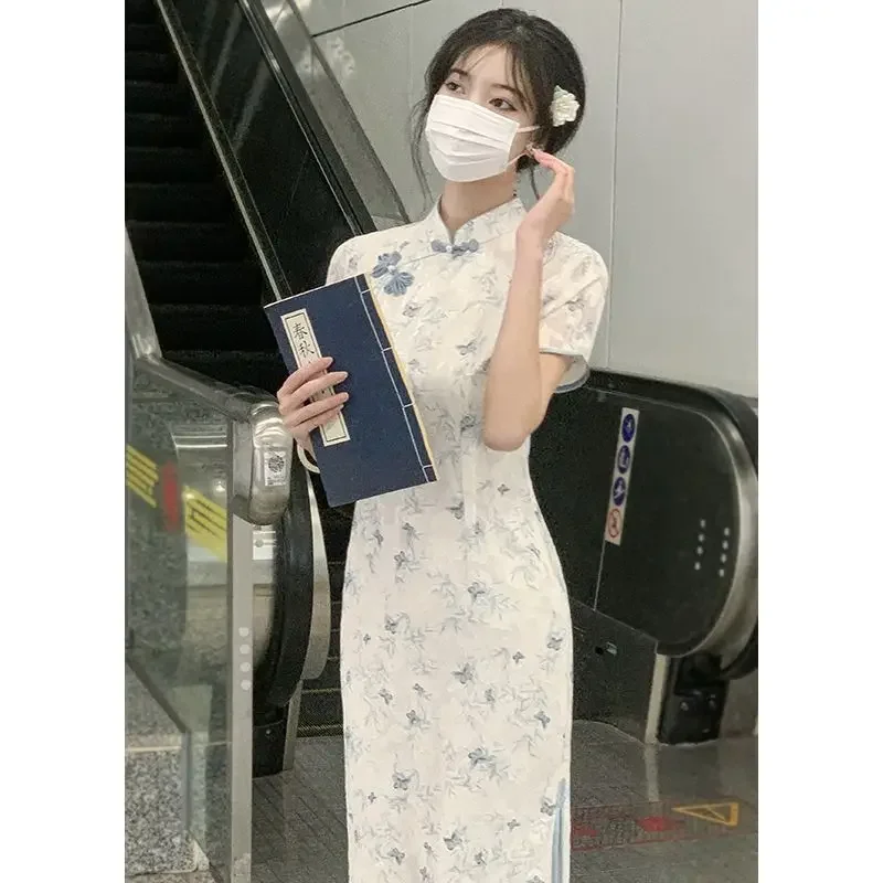 

Blue Improved Cheongsam New 2025 Literary Girl Chinese Fairy Qipao Daily Wear Retro Dress Fresh Oriental A-line Dress