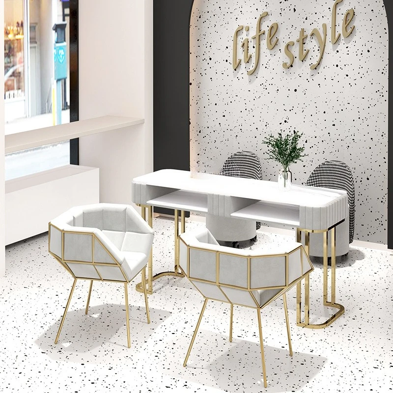 مجموعة طاولة مانيكير وكرسي راقية، طاولة مانيكير فردية ومزدوجة لمشاهير الإنترنت، رخامية