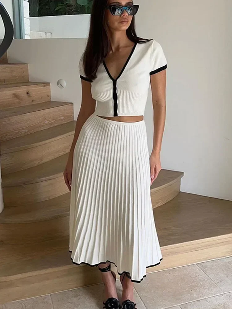 White Knit 2 Piece-Set Long Skirt For Women Vestidos Top And High Waist Maxi Skirt Sets Slim Elegant Ladies Outfits 2024