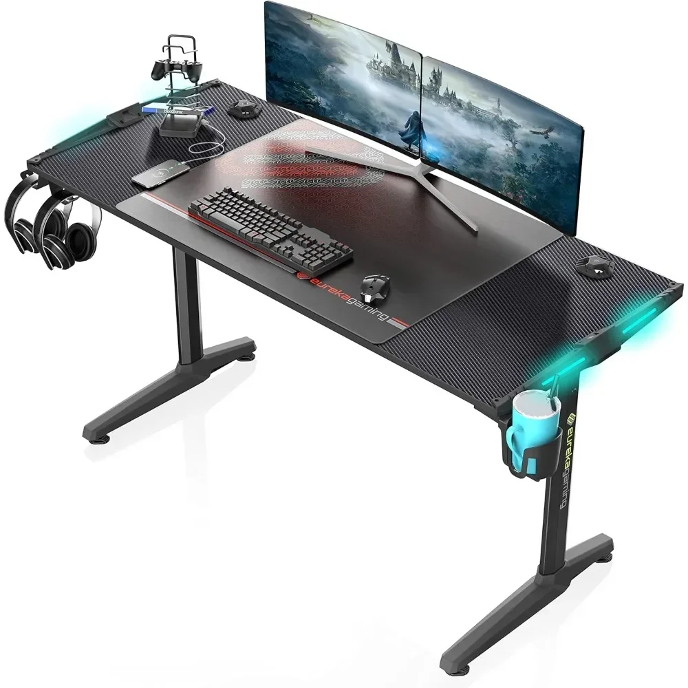 55 Inch RGB LED Gaming Desk with Lights Up, PC Computer Studio Gamer Table I Shaped Home Office Workstation, w Free Mouse Pad