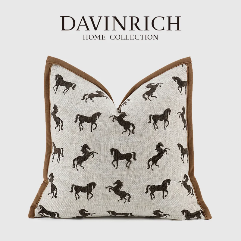 DAVINRICH Retro Western Horse Silhouette Jacquard Throw Pillow Cover Horseshoe Rustic Cushion Case Vintage Country Decor Square