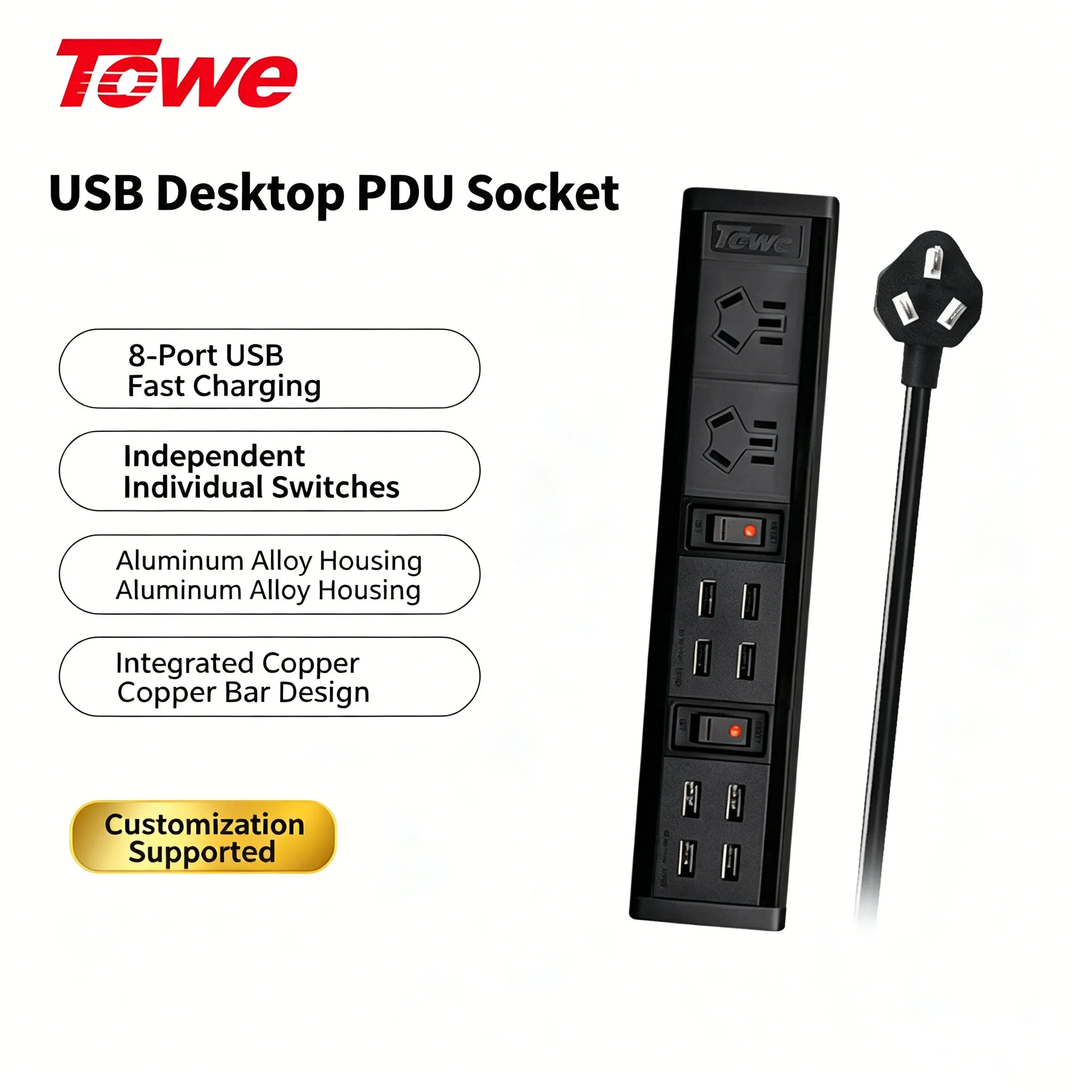 TOWE Fast Charging USB Power Strip Surge Protector Multi Outlet Extension Socket for Desktop Office Home Electronics