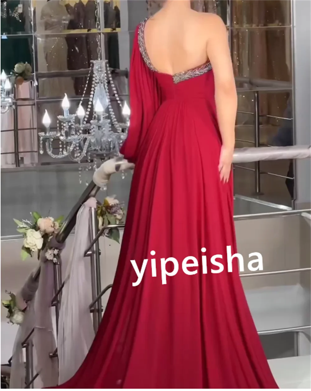 Maßgeschneiderte moderne Stil Chiffon Falten Pailletten A-Linie One-Shoulder lange Kleider Ballkleider chinesischen Stil Unisex Mode Exquis