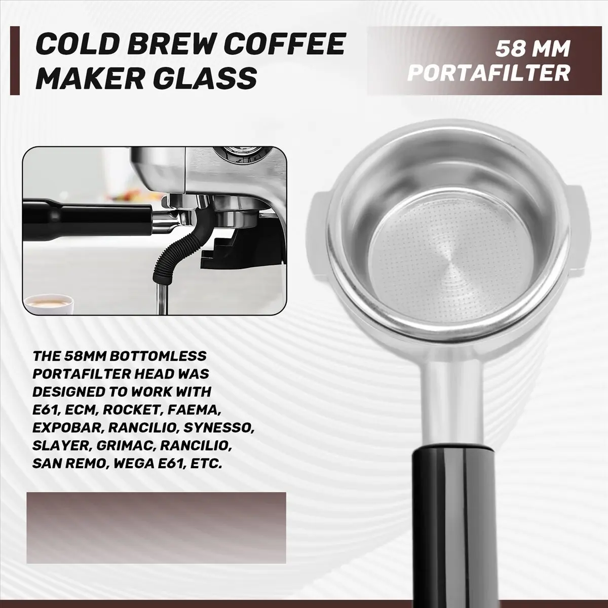 Doings 58mm Bottomless Portafilter 2 Ear Espresso Portafilter with Filter Basket for E61 Rocket, Faema, Rancilio Coffee Machine