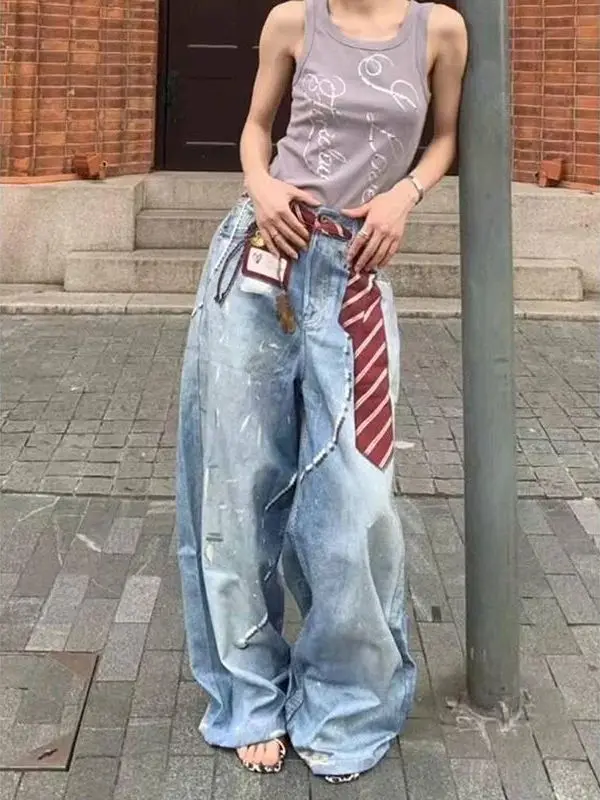 Pearl Chain Printed Distressed High Waist Cotton Casual Straight Leg Jeans Women's Fashion Elegant Simple Style Wide Leg Pants