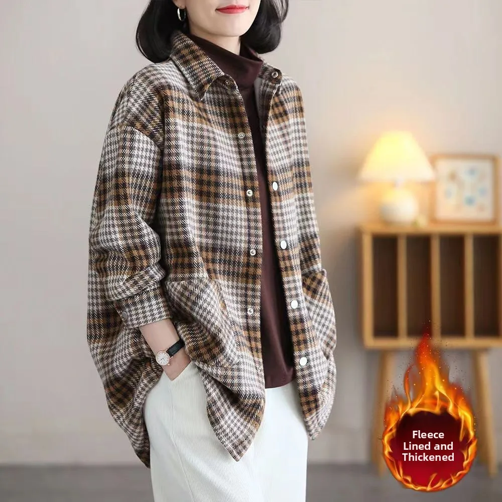 Retro Plaid Fce Lined irt Jaet Women's Loose Commute Versatile irt Top Trendy Korean Sle Long Sve  Collar