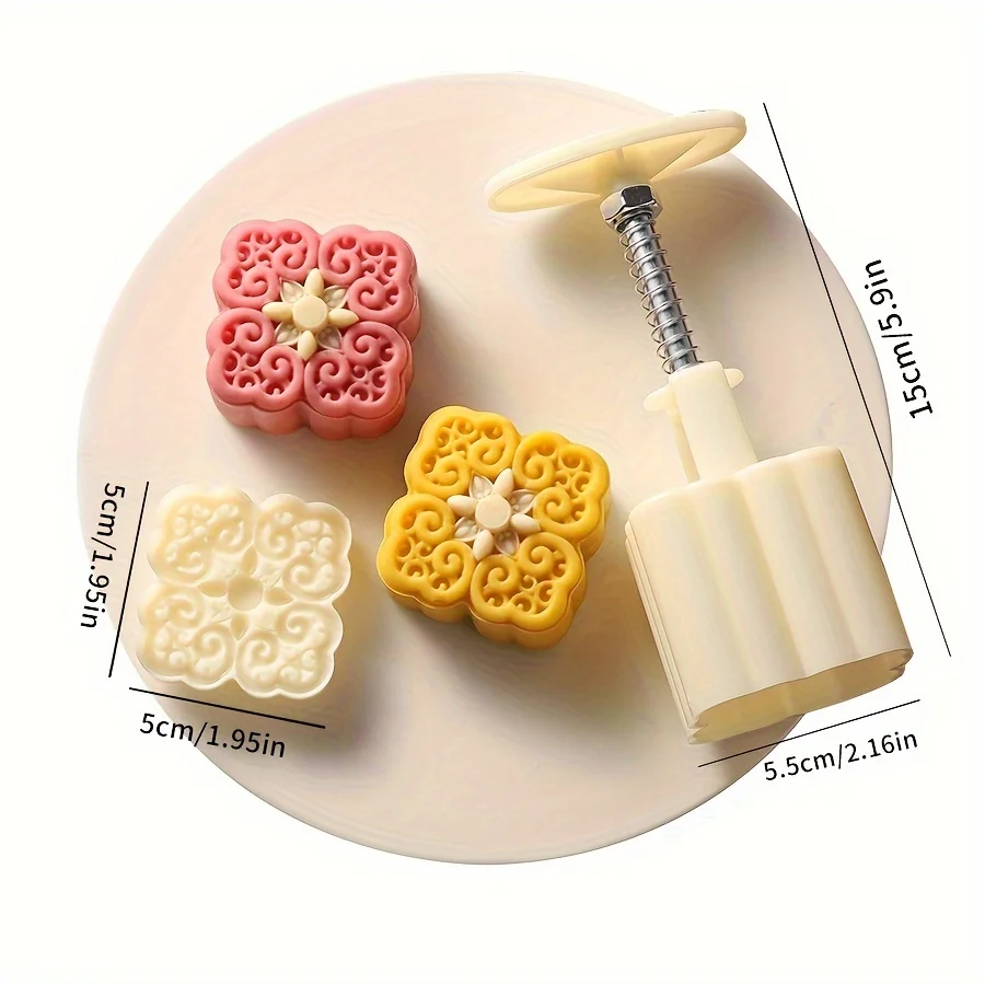Square Moon cake Mold,Including 1 Mold And 1 Stamps, Hand-Pressed Floral Pattern Square Cookie Press Mold For Kitchen