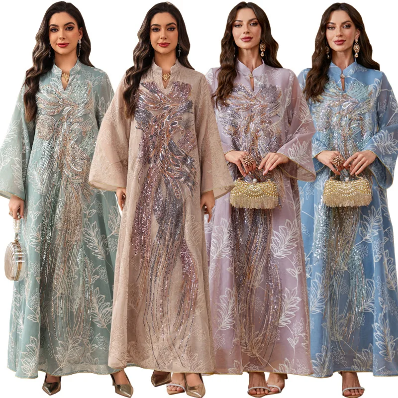 

Muslim Dress Abaya Women Eid Party Dresses Kaftan Sequins Embroidery Jalabiya Vestidos Ramadan Morocco Dubai Arab Long Robe