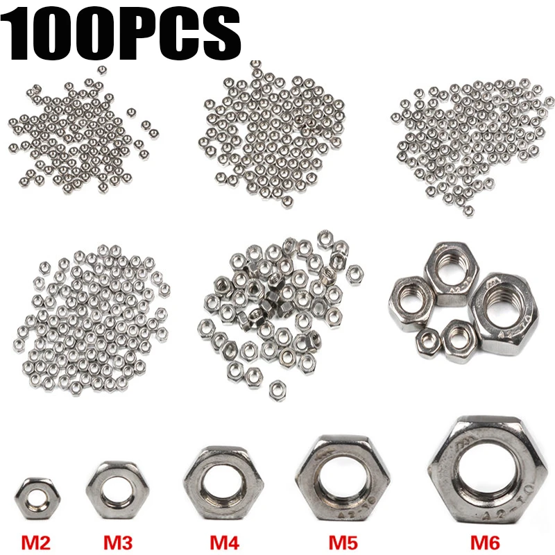 

50/100pcs 304 Stainless Steel Hex Nuts M2 M3 M4 M5 M6 Metric Thread Hex Nuts Metic Nut and Bolt Assortment Hardware Parts