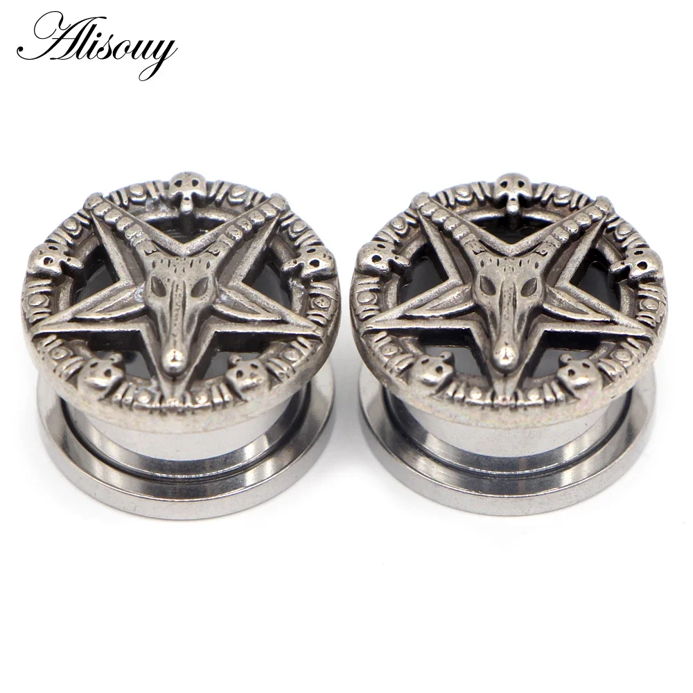 Alisouy 2pcs Stainless Steel Skull Star Pulley Ear tunnels Strechers piercing ear plugs expanders body jewelry Women Men gift