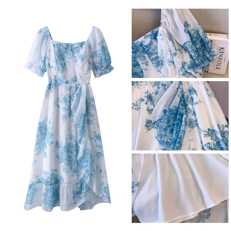 Plus size women\'s summer casual French dress Chiffon fabric blue and white porcelain style print elegant party dress loose long