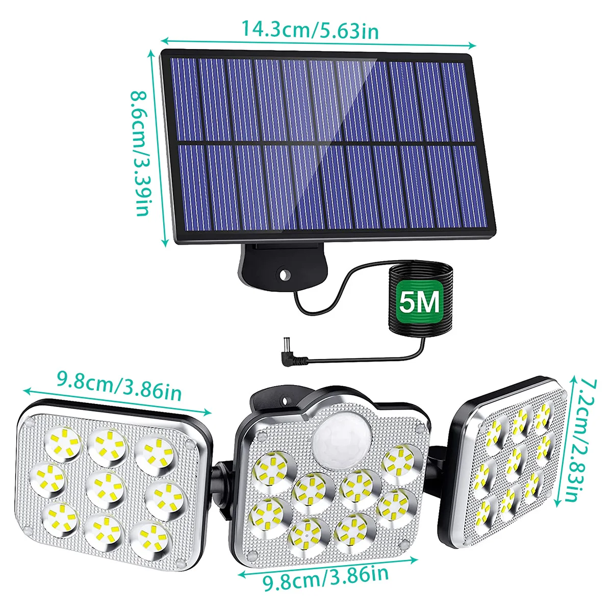 138 LED Solar Lights Outdoor Lighting 3 Head Solar Street Lights 360° Wide Angle Illumination Motion Sensor Flood Light Sunlight