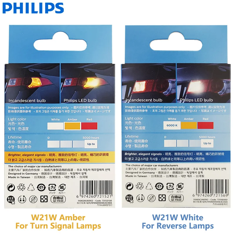 Philips LED W21W WY21W 7440 T20 Ultinon Pro6000 Amber White Color One Contact Auto Turn Signal Reverse Lamp Error Free 11065, 2x