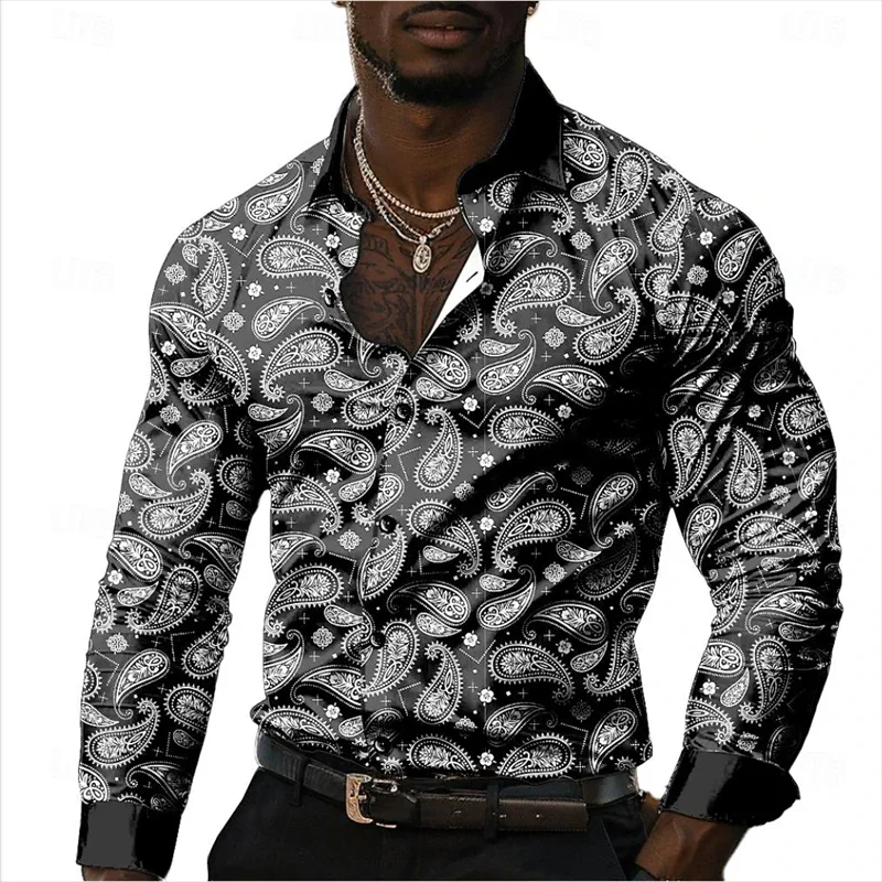 Western denim style casual men\'s print shirt street vacation summer lapel long sleeve 12 color XS-6XL large size shirt