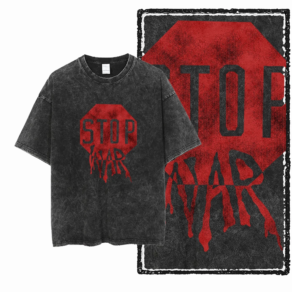T-shirts graphiques anti-guerre et pour la paix, collection streetwear vintage noire délavée et oversize pour les activistes et les défenseurs de la paix