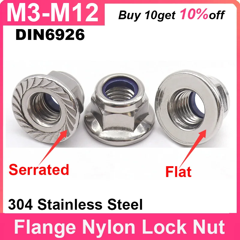 

DIN6926 Hex Flange Nylon Insert Lock Nut M3 M4 M5 M6 M8 M10 M12 304 Stainless Steel Hexagon Flange Locknut Self-locking Nuts