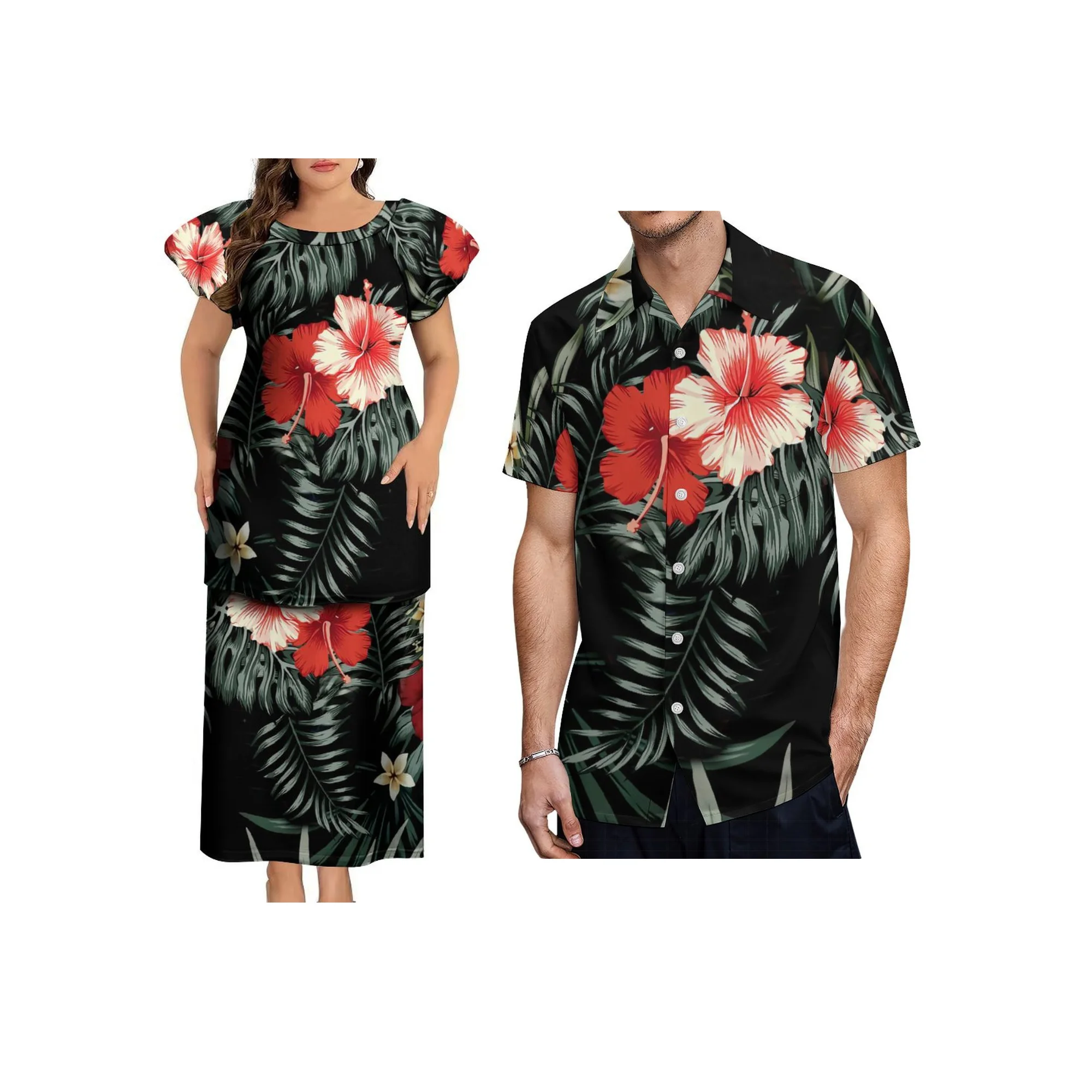 

Drop Shipping Custom Polynesia Tribal Design Puff Sleeve Tongan Samoan Puletasi Womens Two Pieces Sets Dress 2pcs