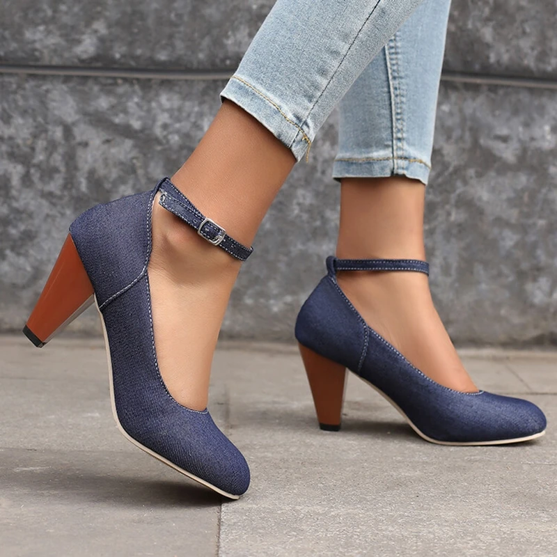 Girseaby Women Pumps Pointed Toe 7.5cm Spike Heel Denim Fabric Office Ankle Strap Fashion New Design Party Big Size 46 47 48