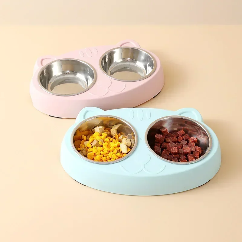 Macaron Pet Double Bowl Plastic Kitten Dog Food Drinking Tray Feeder Cat Feeding Pet Supplies Accessories