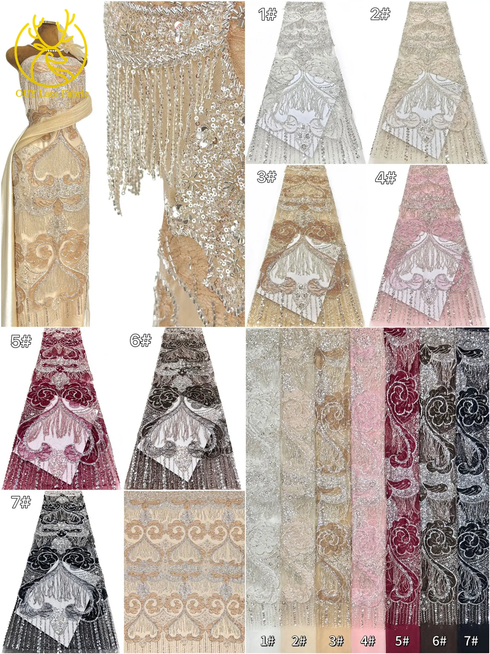 Goldene französische 3D-Laser-Quasten-Perlen-Spitze, luxuriöser afrikanischer Pailletten-Spitzenstoff, nigerianischer Mesh-Spitzenstoff für Damen-Hochzeiten – Detail 3