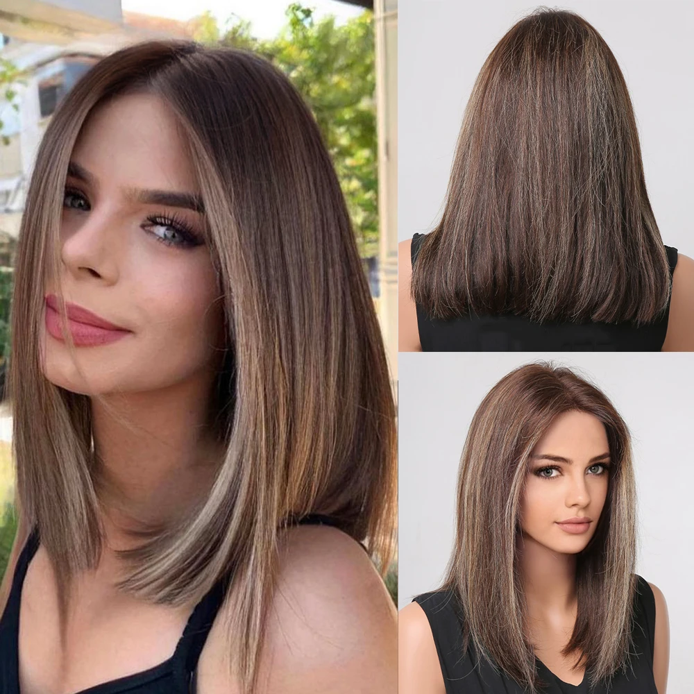 HAIRCUBE Dunkelbraun Bob Spitze Vorne Menschenhaar Perücke mit Blonden Highlights Schulter Länge Lob Frisur Remy Haar Perücken für frauen