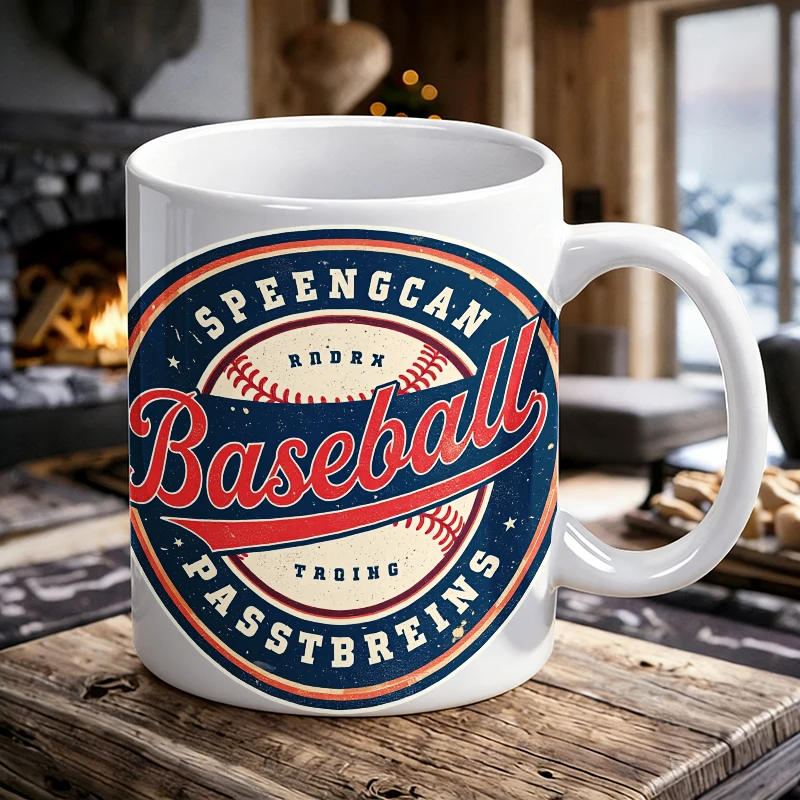 

1 PCS Retro Baseball Badge Ceramic Mug with Handle, Creative Coffee Mug, Milk Cup, Office Tea Cup, Drinking Cup, Fade-Resistant
