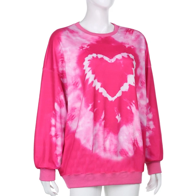 

Women Long Sleeve O-Neck Sweatshirt Pink Heart Tie-Dye Oversized Loose Tunic Top